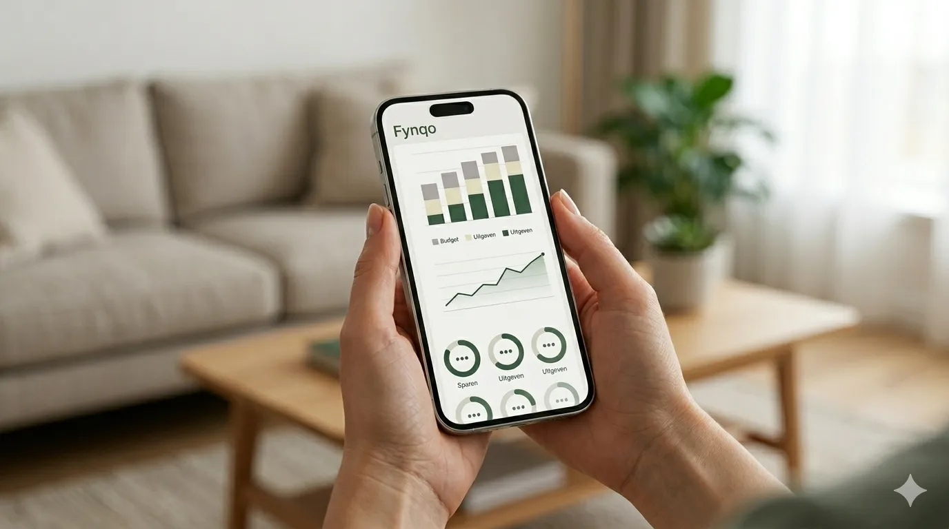 Iemand die met een gerust hart zijn zaken bekijkt op de Fynqo-app.