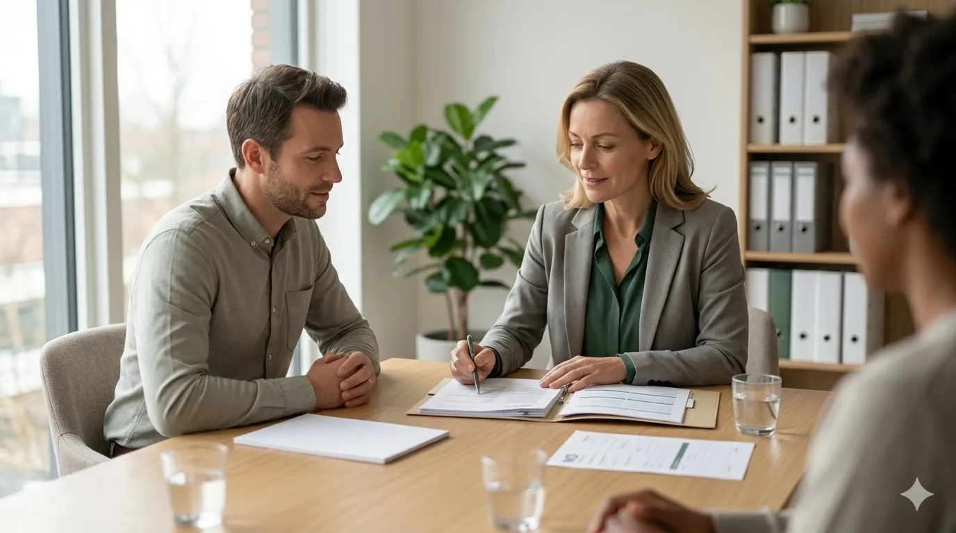 Een professional bespreekt aan een tafel samen met een cliënt een dossier.